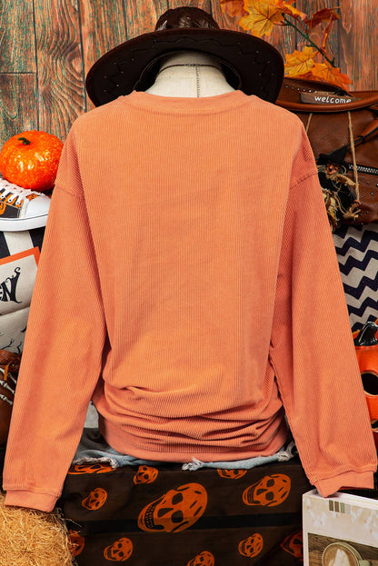 Fashion Halloween Pumpkin Ribbed Round Neck Sweatshirt: Orange / Missy
