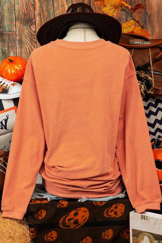 Fashion Halloween Pumpkin Ribbed Round Neck Sweatshirt: Orange / Missy