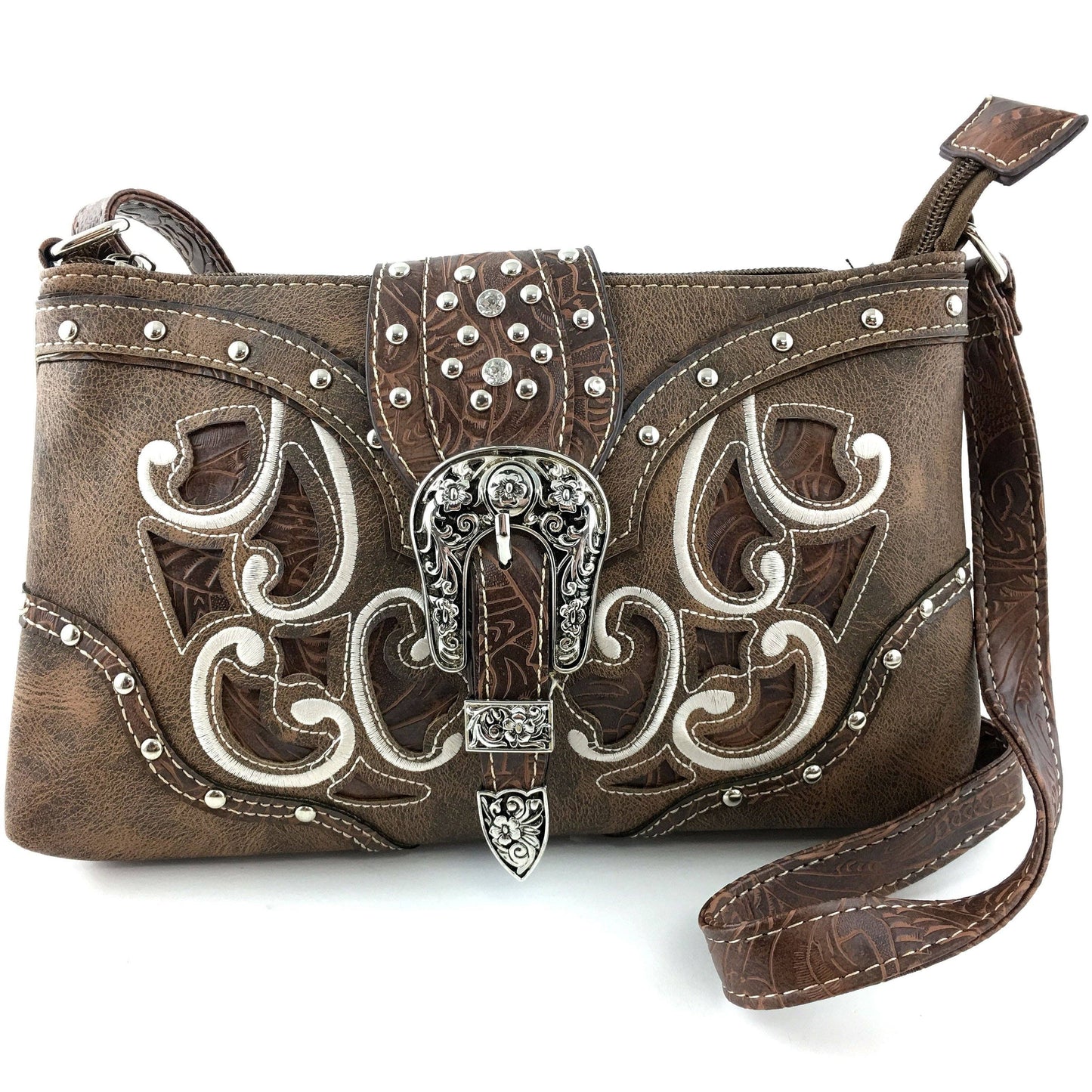 Western Floral Buckle Crossbody Pouch Bag: Brown