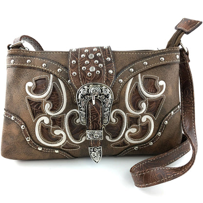 Western Floral Buckle Crossbody Pouch Bag: Brown