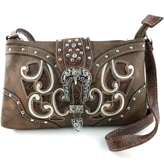 Western Floral Buckle Crossbody Pouch Bag: Brown