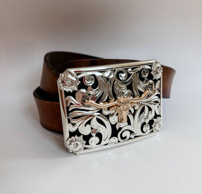 Western Longhorn Steer Belt Buckle – Antique Silver Finish : 1