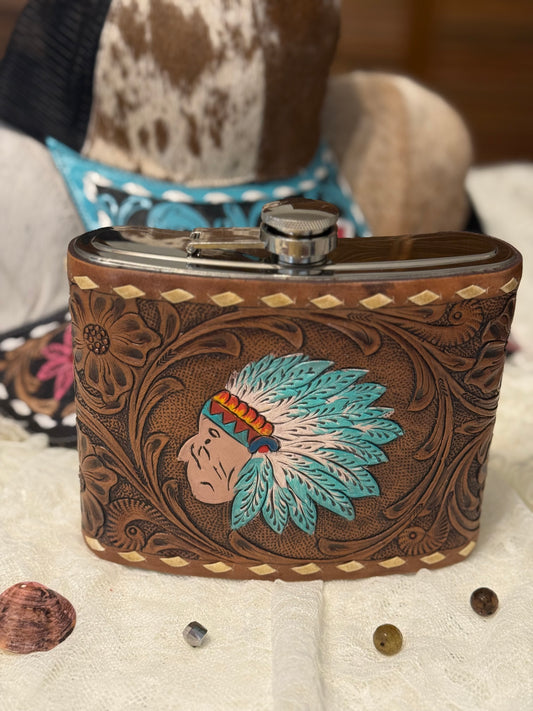 Genuine Tooled Leather 32oz Flask
