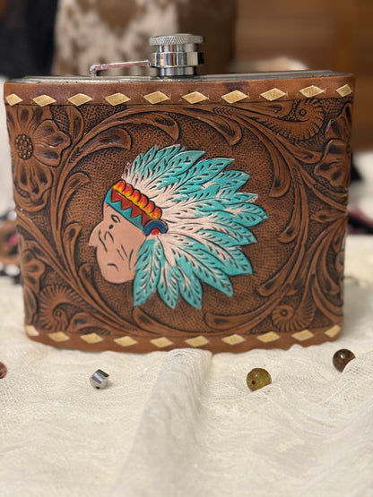 Genuine Tooled Leather 32oz Flask