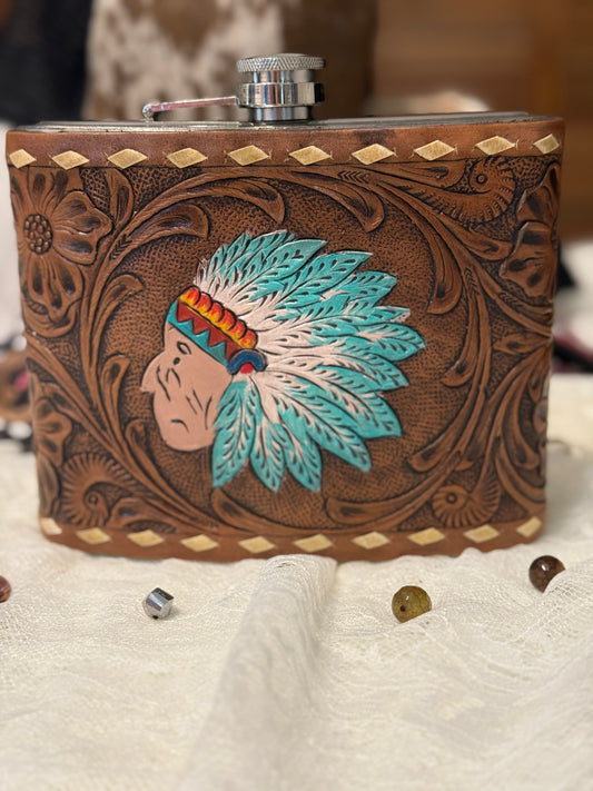 Genuine Tooled Leather 32oz Flask