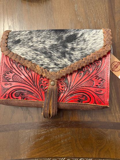 Red Tooled &Cowhide cross body bag