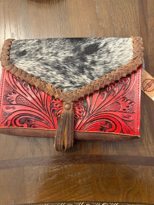 Red Tooled &Cowhide cross body bag