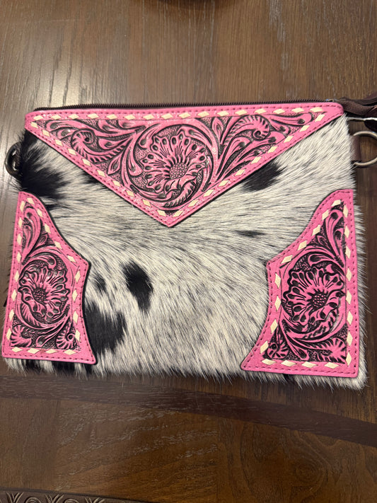 Pink Tooled Leather & Cowhide Crossbody Bag