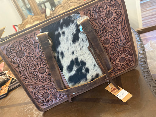 Tooled leather and cowhide tote bag