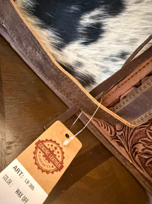 Tooled leather and cowhide tote bag