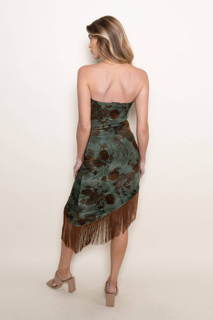 STRAPLESS ASYMMETRICAL MIDI DRESS WITH FRINGE HEM: Green Floral / Contemporary /S/M/L