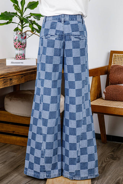 Fashion-W Checkered Denim Wide Leg Jeans