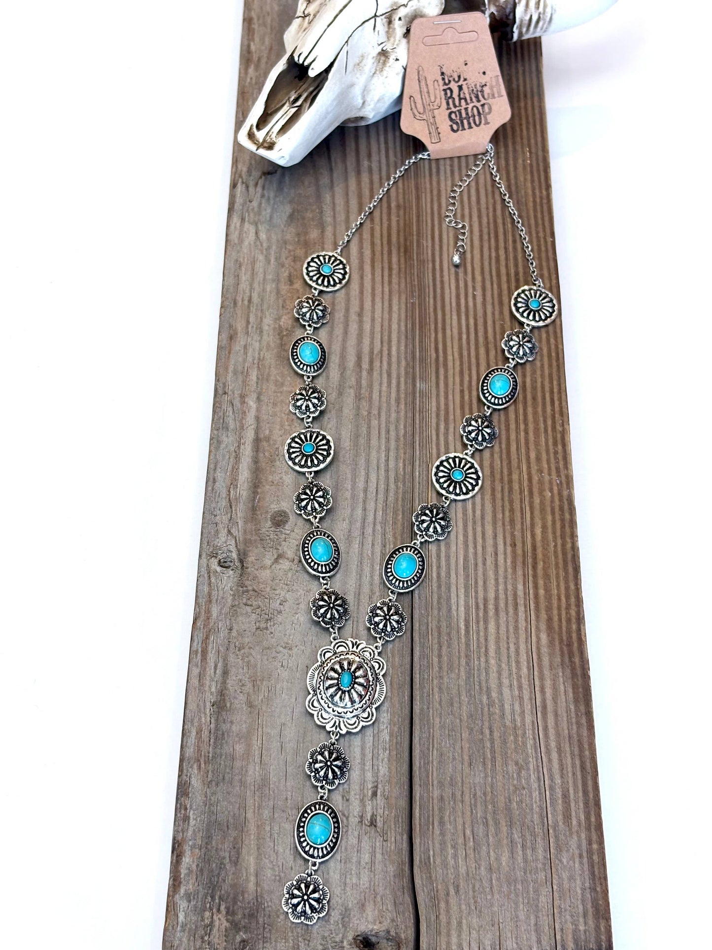 Turquoise Stone Western Flower Concho Y Drop Necklace