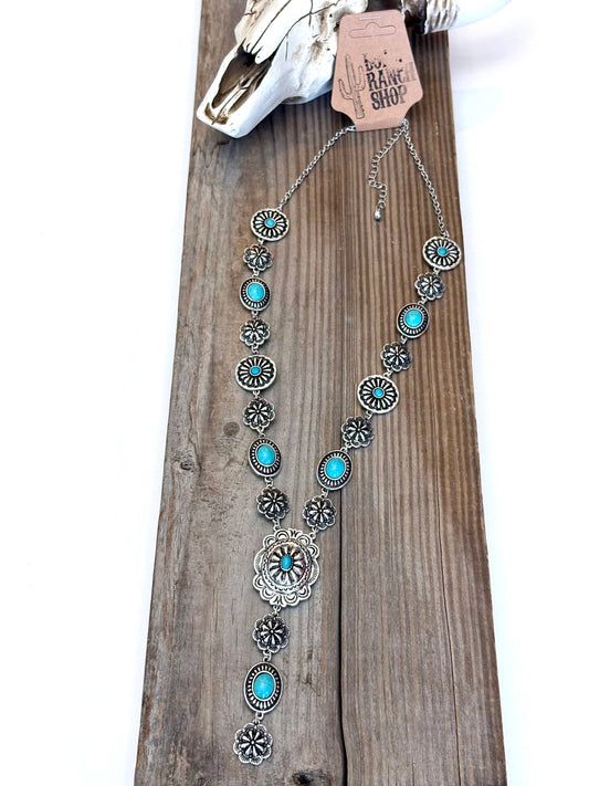 Turquoise Stone Western Flower Concho Y Drop Necklace