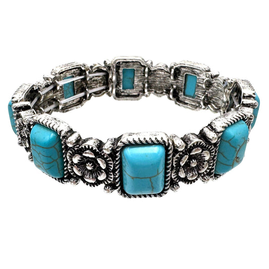 Crystal Turquoise Navajo Flower Silver Stretch Bracelet: AB