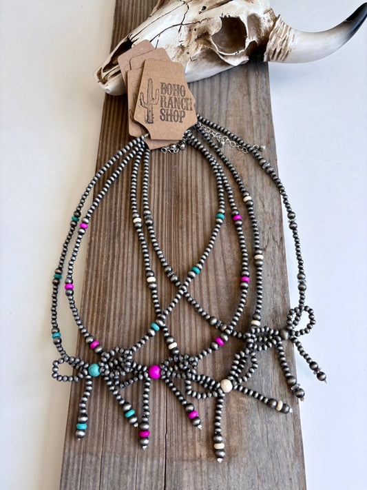 Western Navajo Style Bead Coquette Bow Necklace: TURQUOISE
