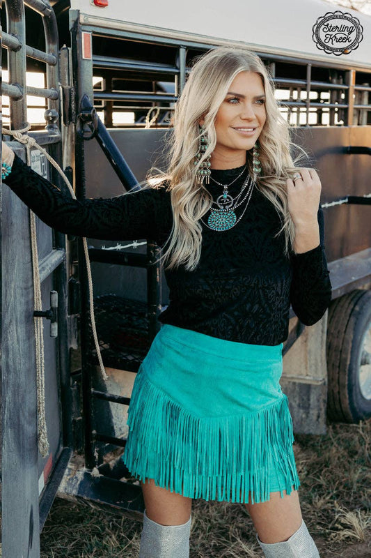 FORT WORTH FRINGE SKIRT TURQUOISE: L