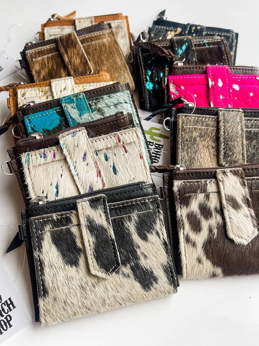 Western Cowhide Leather Wristlet Wallet Money Coins: 3 - BROWN + WHITE COWHIDE