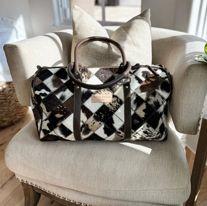 BOHO LUXE DUFFLE Weekender Leather HairOn Cowhide Travel Bag: Brown +White Cowhide