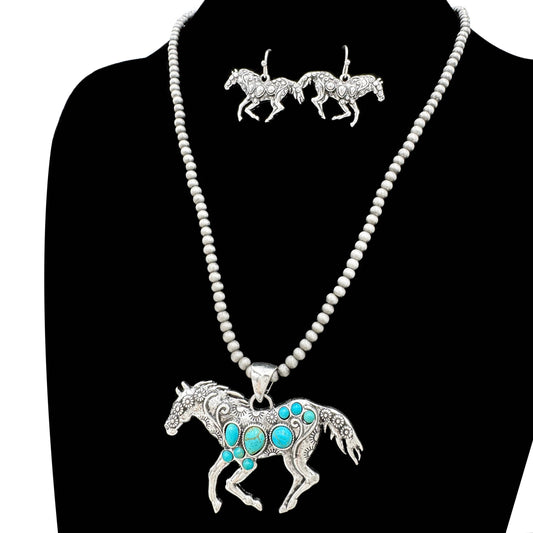 Southwestern Horse Turquoise Cabochon Western Necklace Set