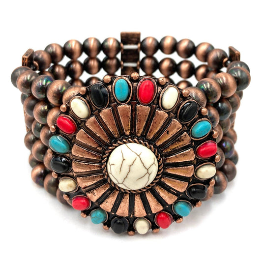 Metal Concho Western Trophy Buckle Chunky Beaded Bracelet: Silver