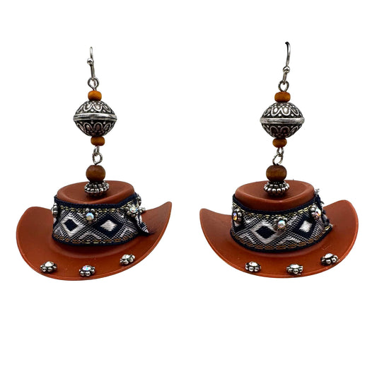 Brown Western Hat with Rhinestones Large Costume Earrings
