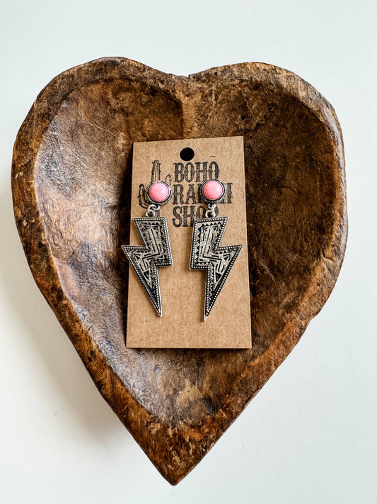 Western Textured Lightning Bolt Thunder Earrings : PINK