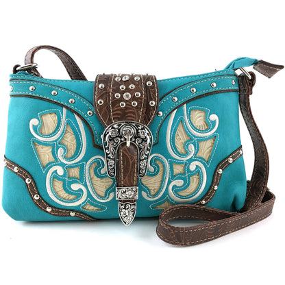 Western Floral Buckle Crossbody Pouch Bag: Brown