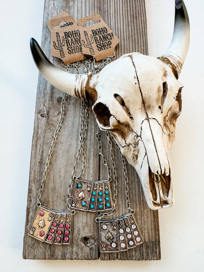 Western Wild Card Pendant Necklace - Rhinestones: PINK