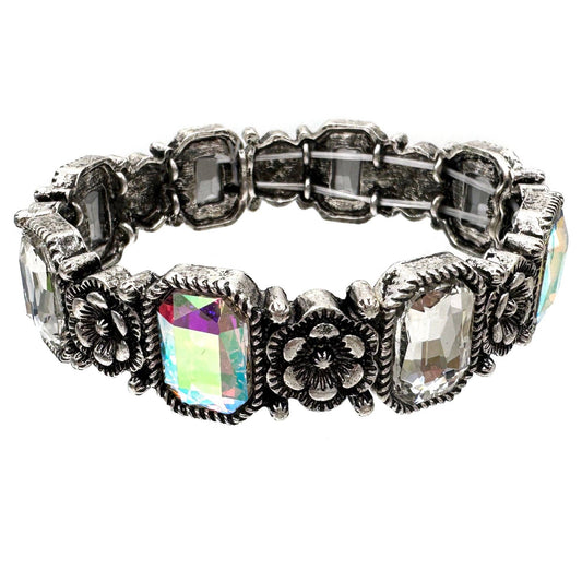 Crystal Turquoise Navajo Flower Silver Stretch Bracelet: AB