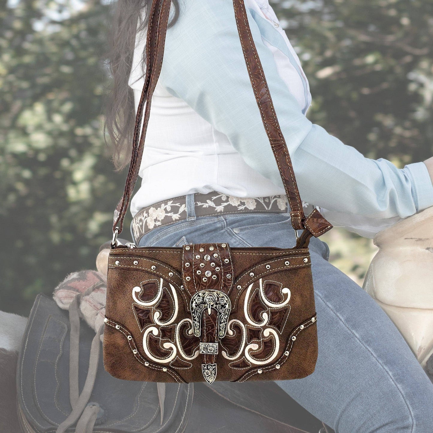 Western Floral Buckle Crossbody Pouch Bag: Brown