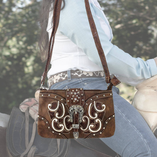 Western Floral Buckle Crossbody Pouch Bag: Brown