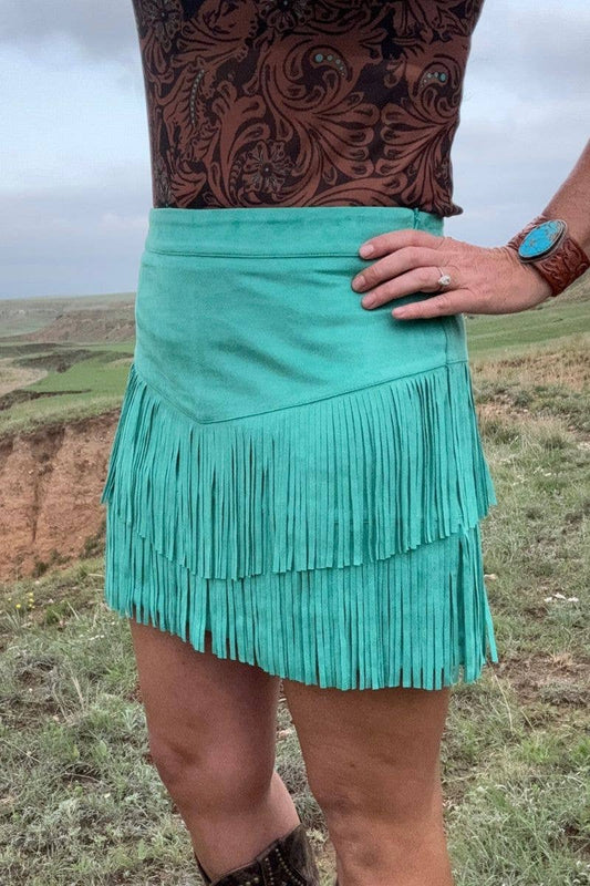 FORT WORTH FRINGE SKIRT TURQUOISE: L