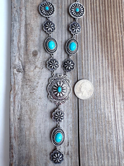 Turquoise Stone Western Flower Concho Y Drop Necklace