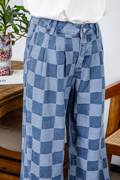 Fashion-W Checkered Denim Wide Leg Jeans