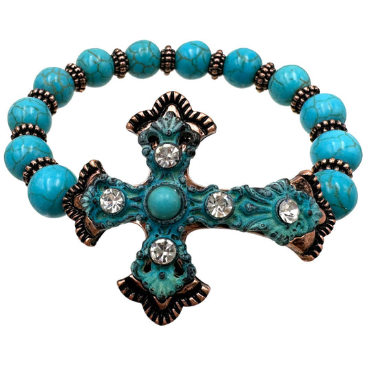 Roman Cross Turquoise Beads Stretch Bracelet: Gold