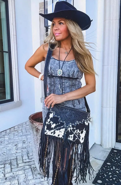 DIXIE CROSSBODY cowhide Western Tooled Leather fringe purse: TAN + WHITE COWHIDE