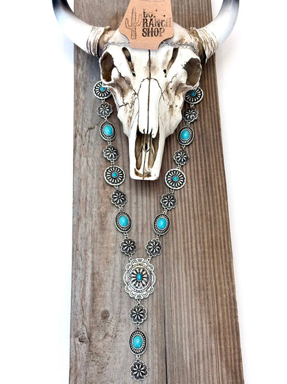 Turquoise Stone Western Flower Concho Y Drop Necklace