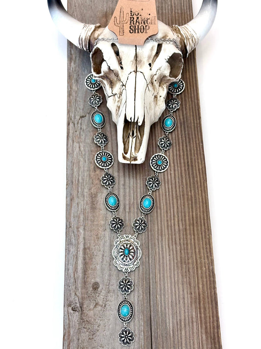 Turquoise Stone Western Flower Concho Y Drop Necklace