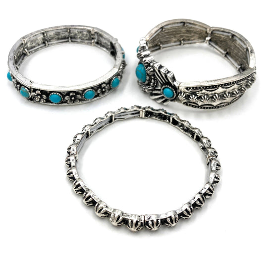 Turquoise Flower Three Piece Western Chunky Stretch Bracelet: Turquoise