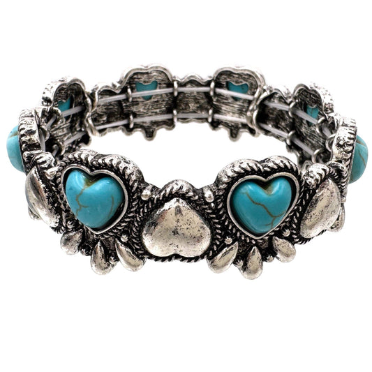 Crystal Turquoise Navajo Heart Silver Stretch Bracelet: Turquoise